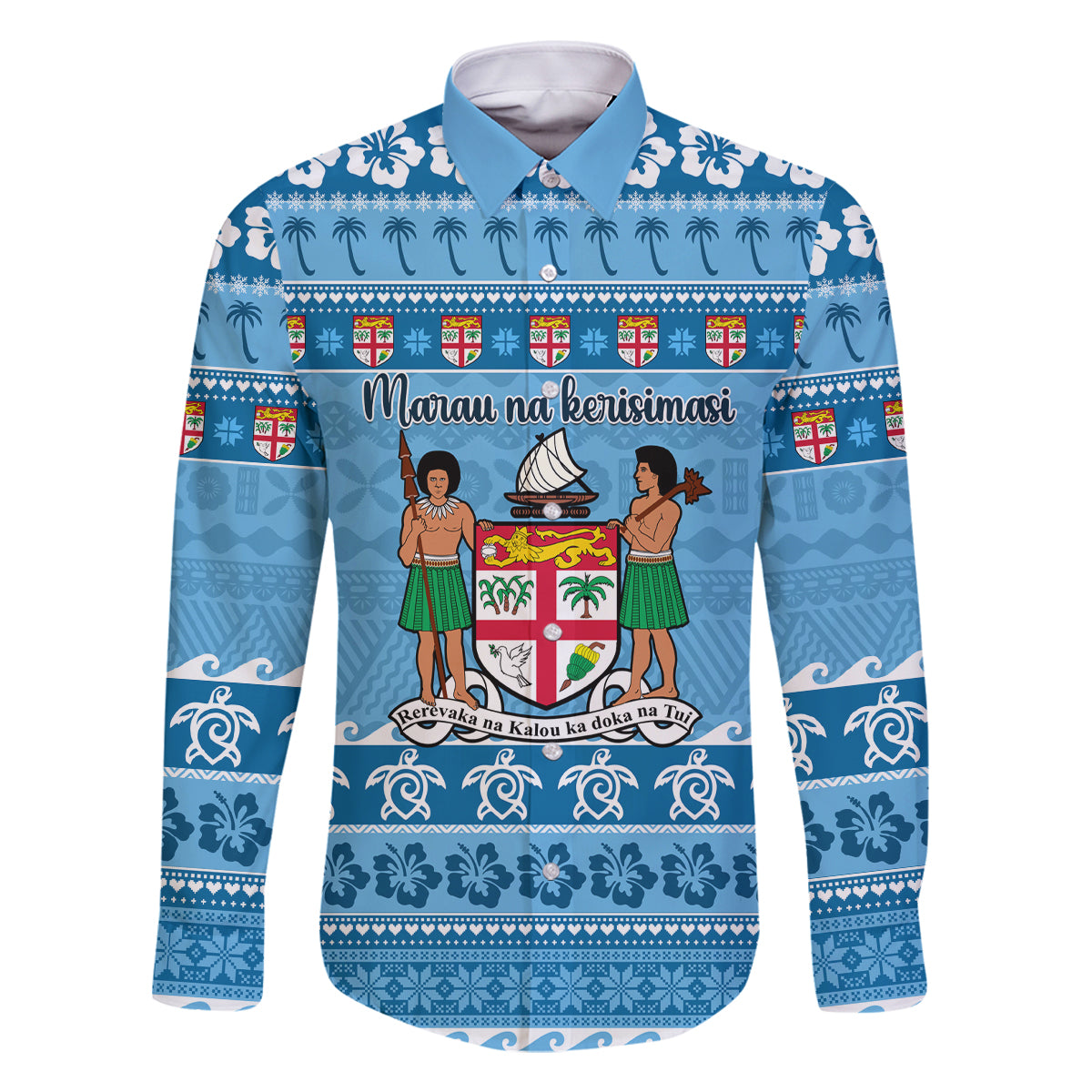 Custom Fiji Christmas Family Matching Mermaid Dress and Hawaiian Shirt Fijian Tapa Marau na Kerisimasi LT14 Dad's Shirt - Long Sleeve Blue - Polynesian Pride