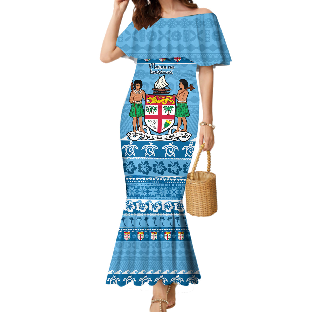 Custom Fiji Christmas Family Matching Mermaid Dress and Hawaiian Shirt Fijian Tapa Marau na Kerisimasi LT14 Mom's Dress Blue - Polynesian Pride