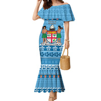 Custom Fiji Christmas Family Matching Mermaid Dress and Hawaiian Shirt Fijian Tapa Marau na Kerisimasi LT14 Mom's Dress Blue - Polynesian Pride