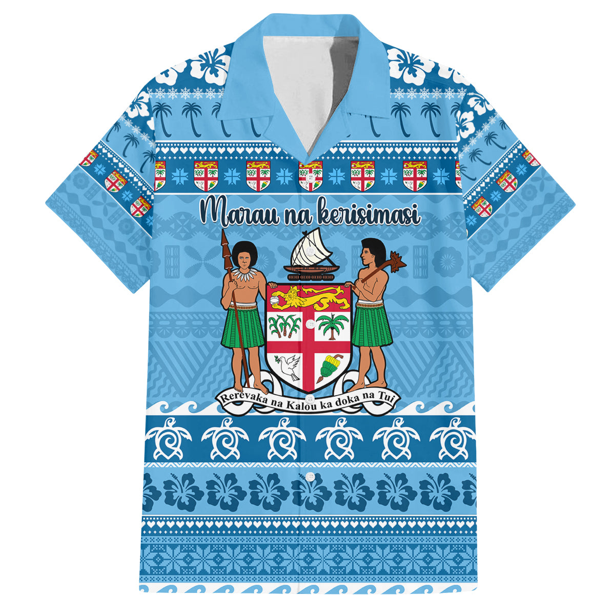 Custom Fiji Christmas Family Matching Off Shoulder Maxi Dress and Hawaiian Shirt Fijian Tapa Marau na Kerisimasi LT14 Dad's Shirt - Short Sleeve Blue - Polynesian Pride
