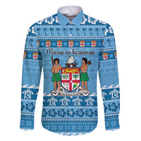 Custom Fiji Christmas Family Matching Off Shoulder Short Dress and Hawaiian Shirt Fijian Tapa Marau na Kerisimasi LT14 Dad's Shirt - Long Sleeve Blue - Polynesian Pride