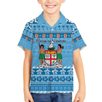 Custom Fiji Christmas Family Matching Summer Maxi Dress and Hawaiian Shirt Fijian Tapa Marau na Kerisimasi LT14 Son's Shirt Blue - Polynesian Pride