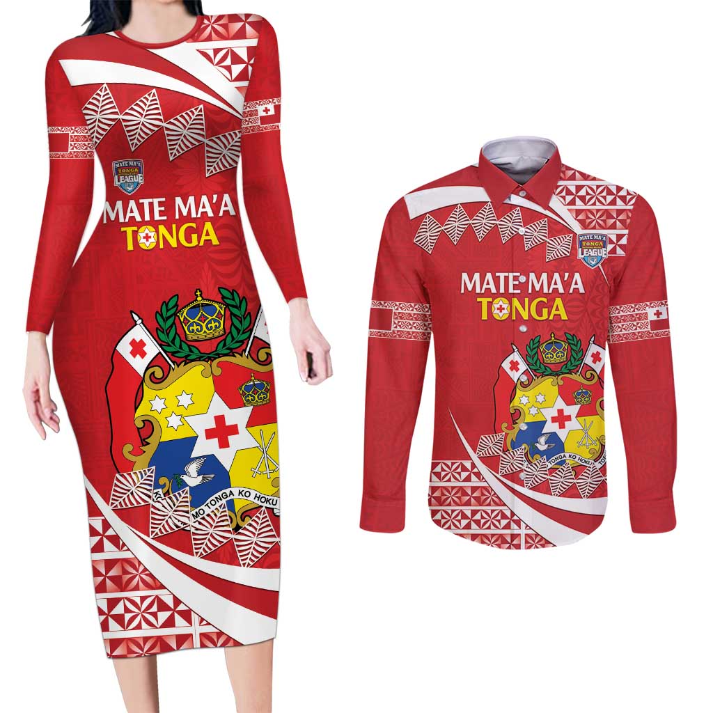Custom Mate Maa Tonga Couples Matching Long Sleeve Bodycon Dress and Long Sleeve Button Shirt 2024 Go Champions LT14 Red - Polynesian Pride