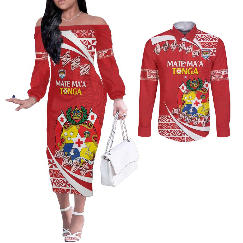 Custom Mate Maa Tonga Couples Matching Off The Shoulder Long Sleeve Dress and Long Sleeve Button Shirt 2024 Go Champions LT14 Red - Polynesian Pride