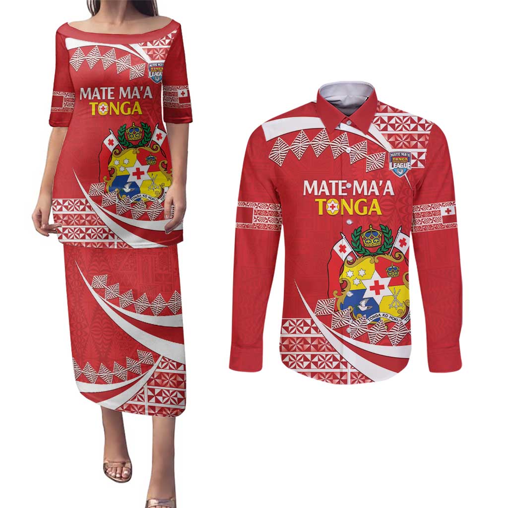 Custom Mate Maa Tonga Couples Matching Puletasi and Long Sleeve Button Shirt 2024 Go Champions LT14 Red - Polynesian Pride