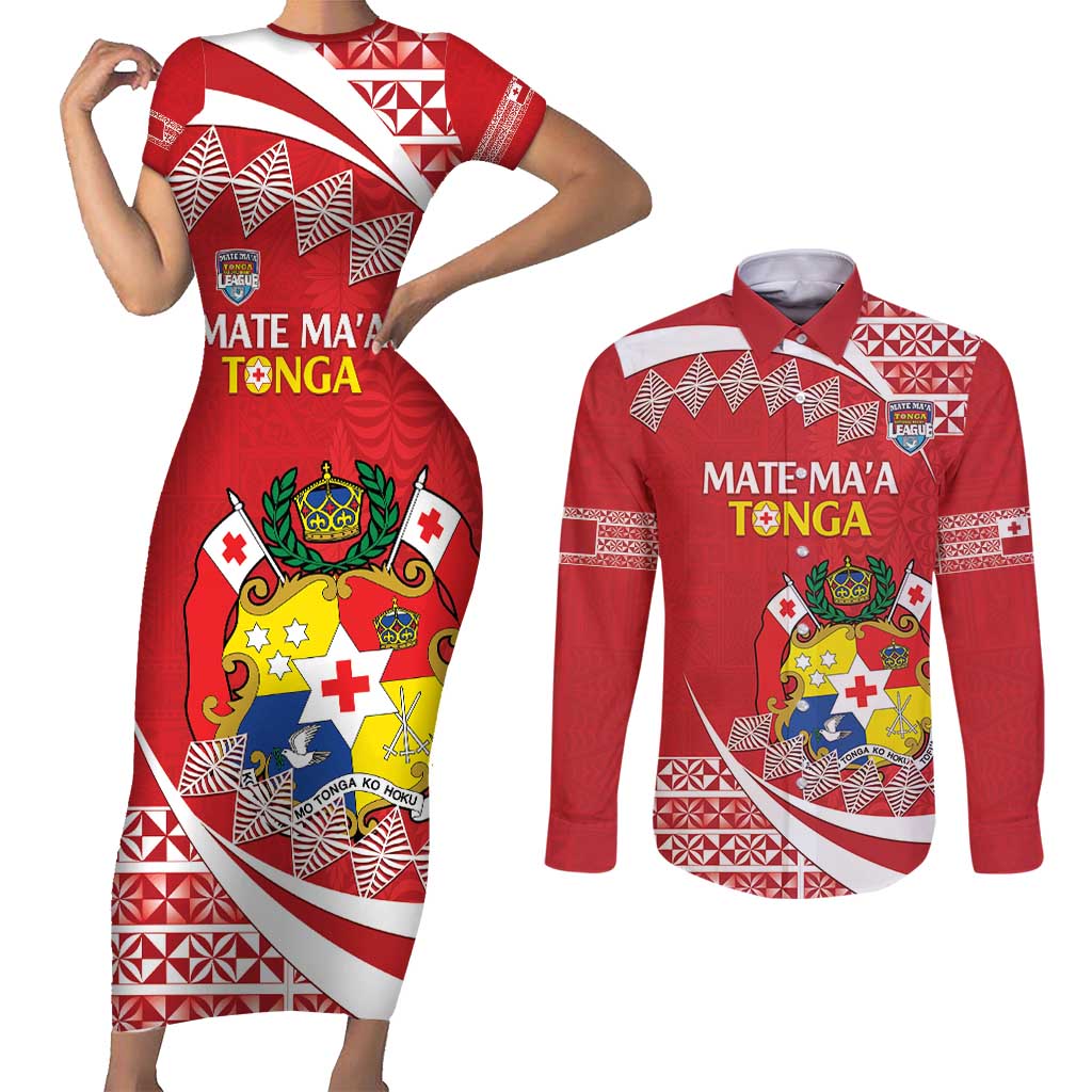 Custom Mate Maa Tonga Couples Matching Short Sleeve Bodycon Dress and Long Sleeve Button Shirt 2024 Go Champions LT14 Red - Polynesian Pride
