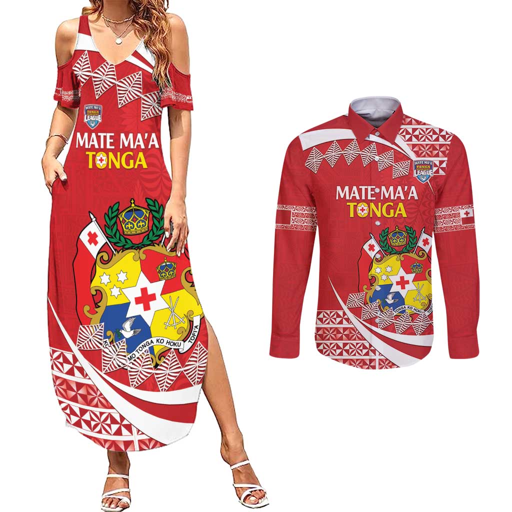 Custom Mate Maa Tonga Couples Matching Summer Maxi Dress and Long Sleeve Button Shirt 2024 Go Champions LT14 Red - Polynesian Pride