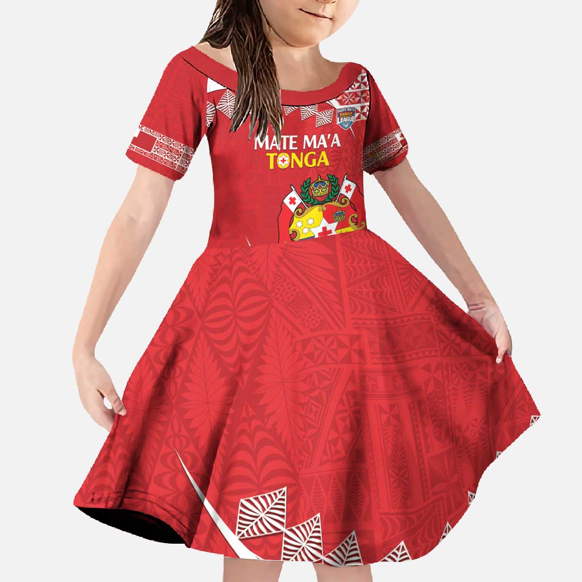 Custom Mate Maa Tonga Family Matching Off The Shoulder Long Sleeve Dress and Hawaiian Shirt 2024 Go Champions LT14 Daughter's Dress Red - Polynesian Pride