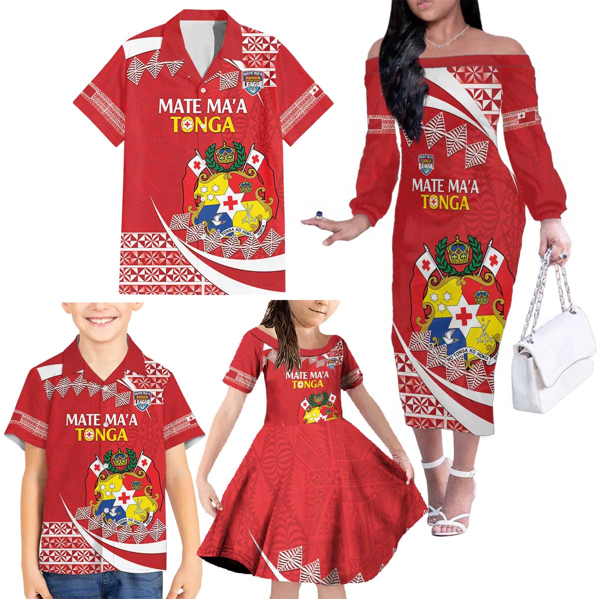 Custom Mate Maa Tonga Family Matching Off The Shoulder Long Sleeve Dress and Hawaiian Shirt 2024 Go Champions LT14 - Polynesian Pride