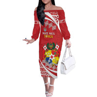 Custom Mate Maa Tonga Family Matching Off The Shoulder Long Sleeve Dress and Hawaiian Shirt 2024 Go Champions LT14 Mom's Dress Red - Polynesian Pride
