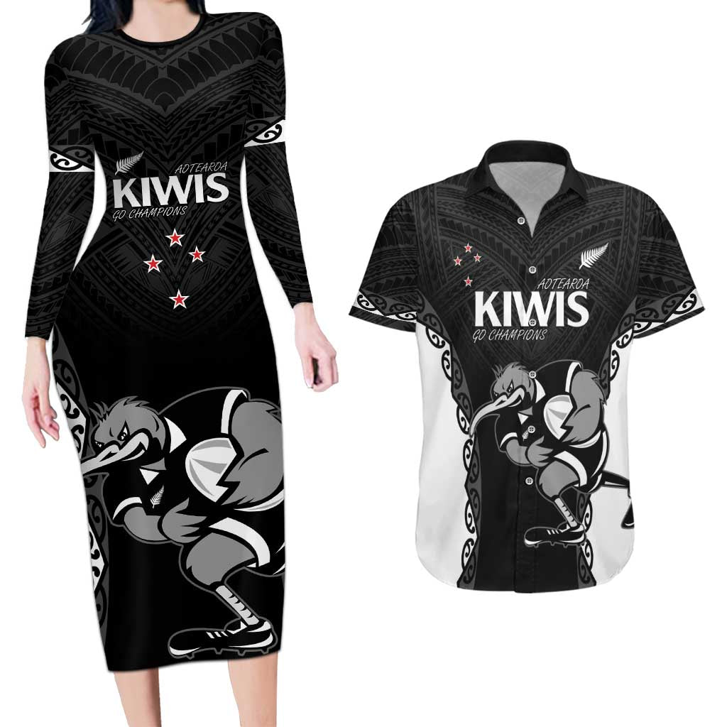 Aotearoa Rugby Custom Couples Matching Long Sleeve Bodycon Dress and Hawaiian Shirt Maori Kiwi - Mascot Style LT14 Black - Polynesian Pride