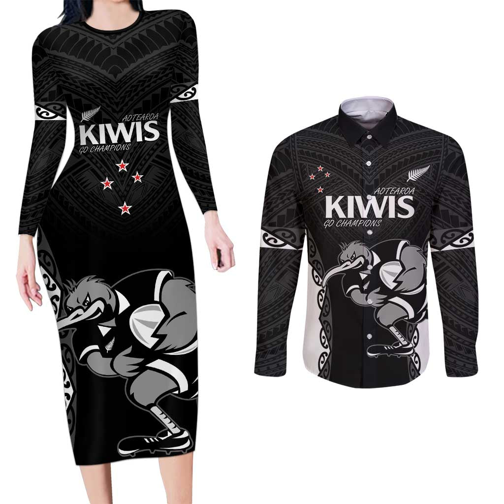 Aotearoa Rugby Custom Couples Matching Long Sleeve Bodycon Dress and Long Sleeve Button Shirt Maori Kiwi - Mascot Style LT14 Black - Polynesian Pride