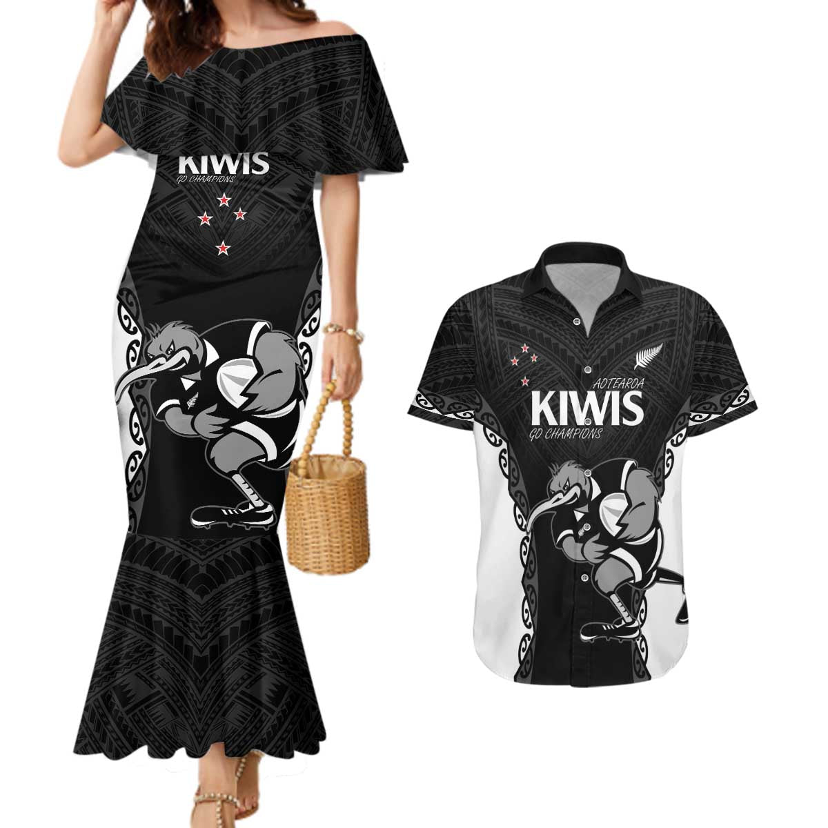 Aotearoa Rugby Custom Couples Matching Mermaid Dress and Hawaiian Shirt Maori Kiwi - Mascot Style LT14 Black - Polynesian Pride