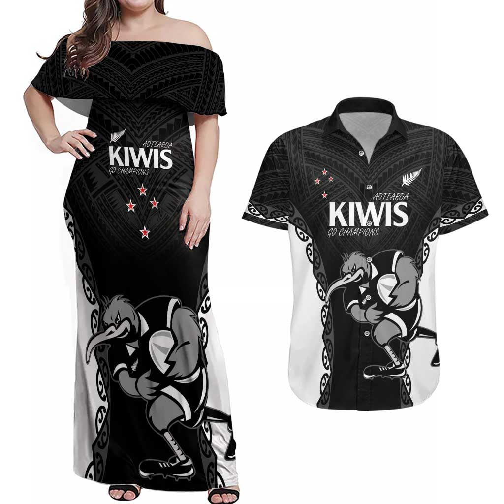 Aotearoa Rugby Custom Couples Matching Off Shoulder Maxi Dress and Hawaiian Shirt Maori Kiwi - Mascot Style LT14 Black - Polynesian Pride