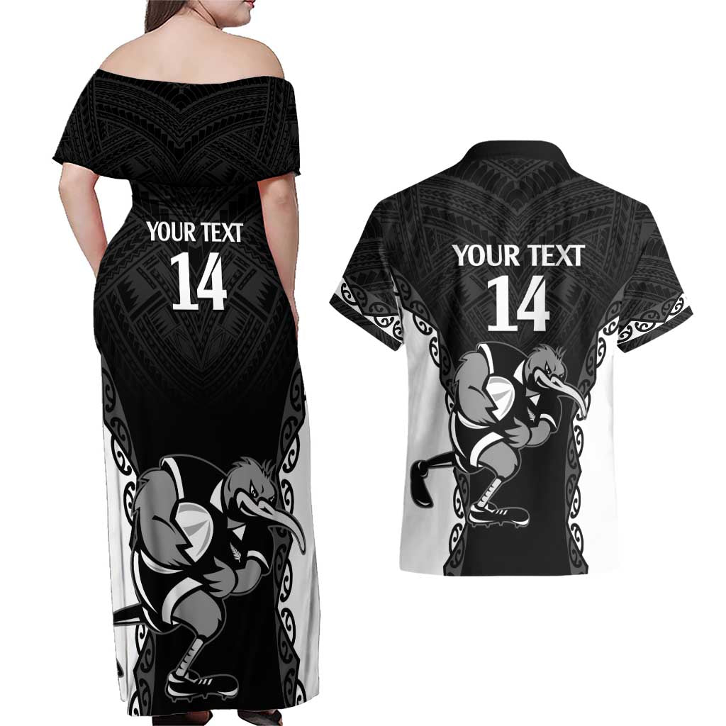 Aotearoa Rugby Custom Couples Matching Off Shoulder Maxi Dress and Hawaiian Shirt Maori Kiwi - Mascot Style LT14 - Polynesian Pride
