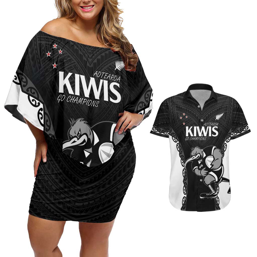 Aotearoa Rugby Custom Couples Matching Off Shoulder Short Dress and Hawaiian Shirt Maori Kiwi - Mascot Style LT14 Black - Polynesian Pride