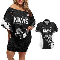 Aotearoa Rugby Custom Couples Matching Off Shoulder Short Dress and Hawaiian Shirt Maori Kiwi - Mascot Style LT14 Black - Polynesian Pride