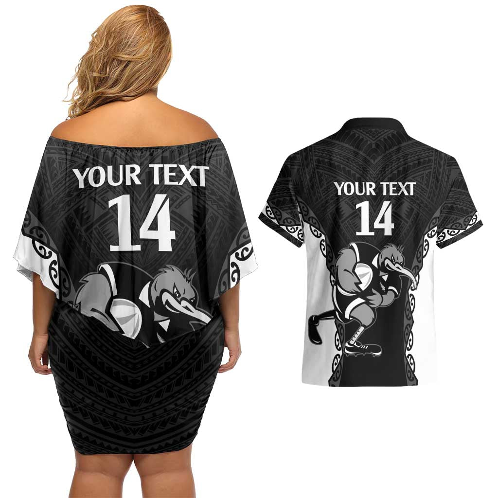 Aotearoa Rugby Custom Couples Matching Off Shoulder Short Dress and Hawaiian Shirt Maori Kiwi - Mascot Style LT14 - Polynesian Pride