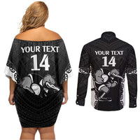 Aotearoa Rugby Custom Couples Matching Off Shoulder Short Dress and Long Sleeve Button Shirt Maori Kiwi - Mascot Style LT14 - Polynesian Pride