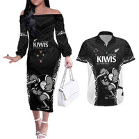 Aotearoa Rugby Custom Couples Matching Off The Shoulder Long Sleeve Dress and Hawaiian Shirt Maori Kiwi - Mascot Style LT14 Black - Polynesian Pride