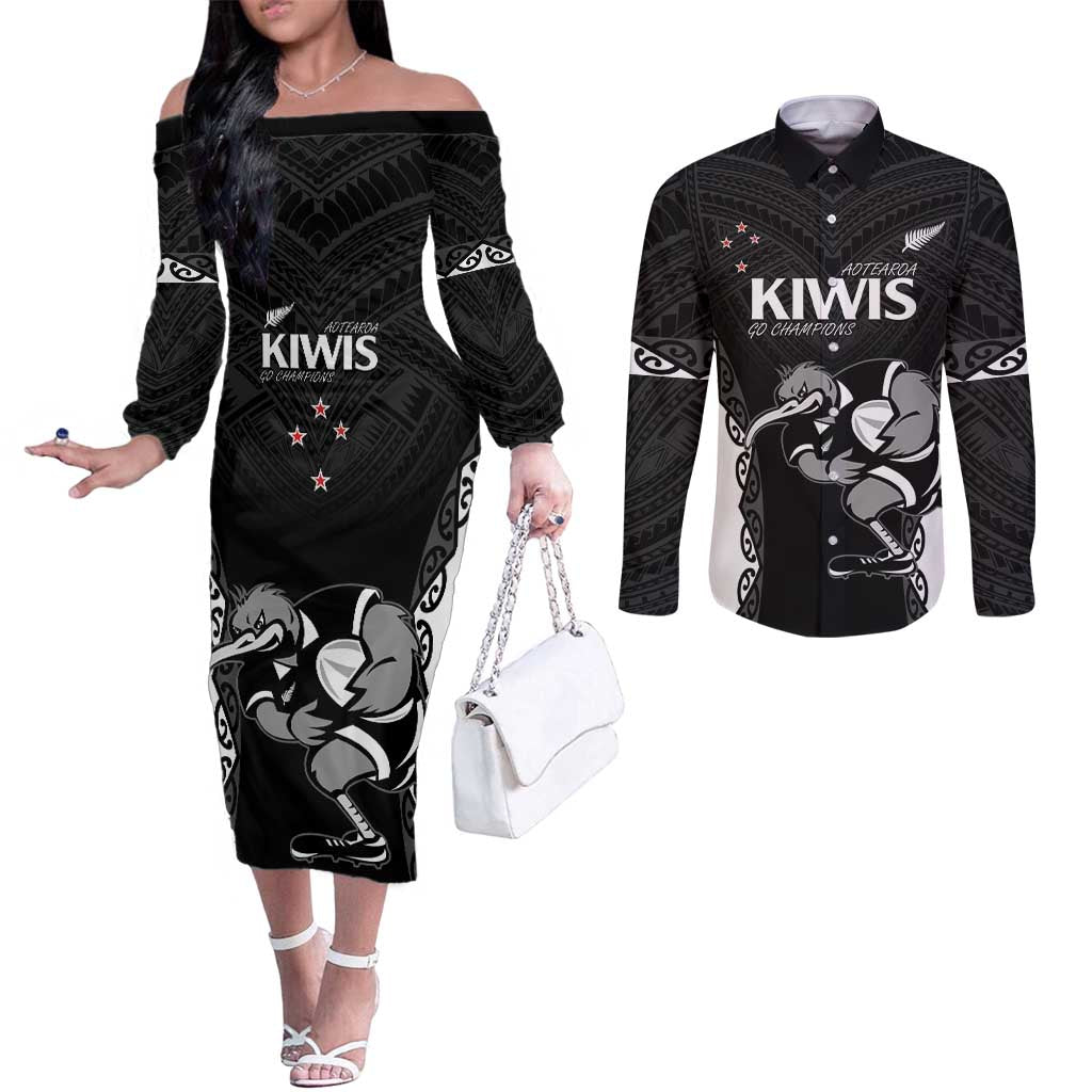 Aotearoa Rugby Custom Couples Matching Off The Shoulder Long Sleeve Dress and Long Sleeve Button Shirt Maori Kiwi - Mascot Style LT14 Black - Polynesian Pride