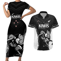 Aotearoa Rugby Custom Couples Matching Short Sleeve Bodycon Dress and Hawaiian Shirt Maori Kiwi - Mascot Style LT14 Black - Polynesian Pride