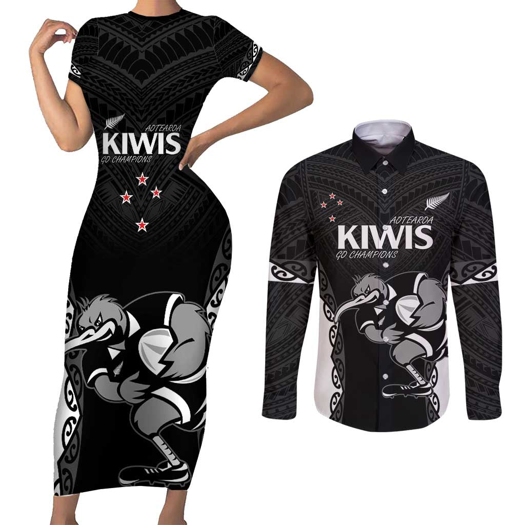 Aotearoa Rugby Custom Couples Matching Short Sleeve Bodycon Dress and Long Sleeve Button Shirt Maori Kiwi - Mascot Style LT14 Black - Polynesian Pride