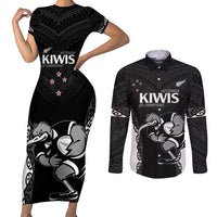 Aotearoa Rugby Custom Couples Matching Short Sleeve Bodycon Dress and Long Sleeve Button Shirt Maori Kiwi - Mascot Style LT14 Black - Polynesian Pride