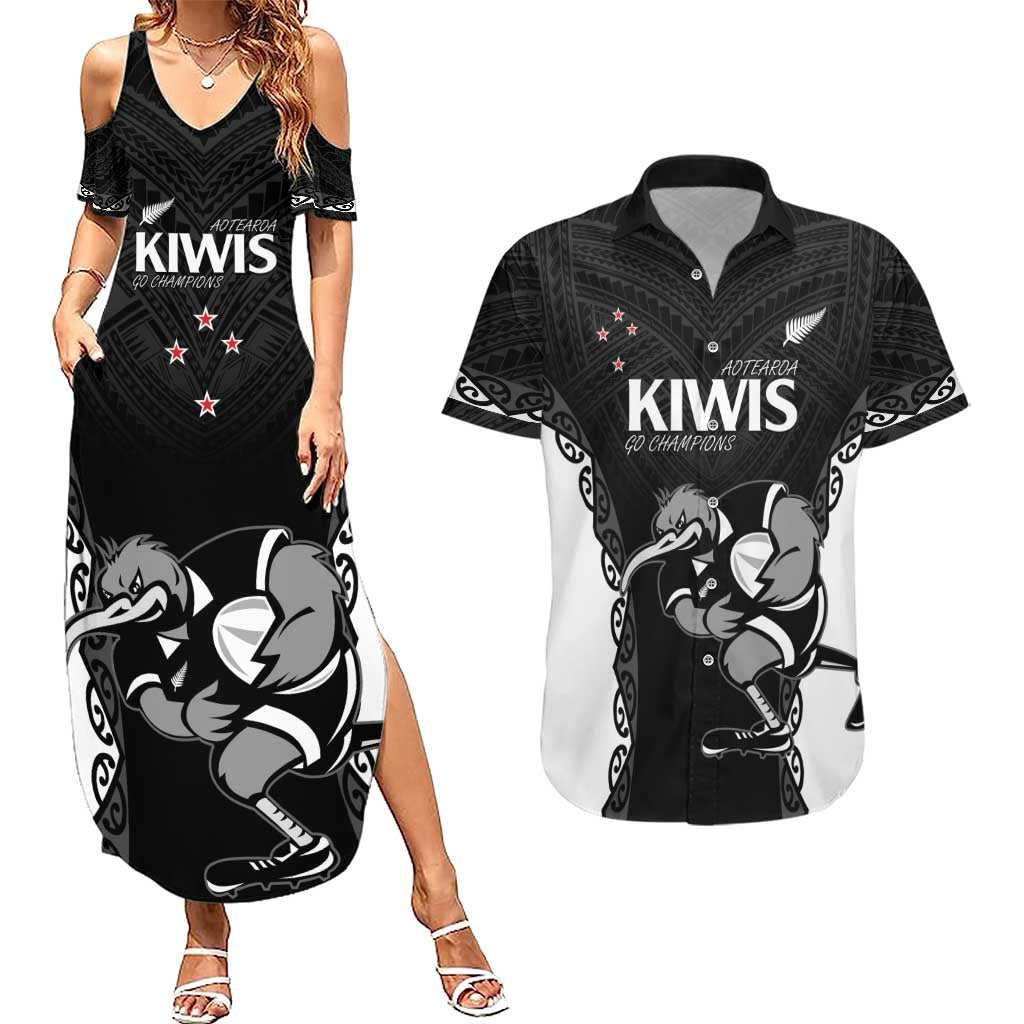 Aotearoa Rugby Custom Couples Matching Summer Maxi Dress and Hawaiian Shirt Maori Kiwi - Mascot Style LT14 Black - Polynesian Pride