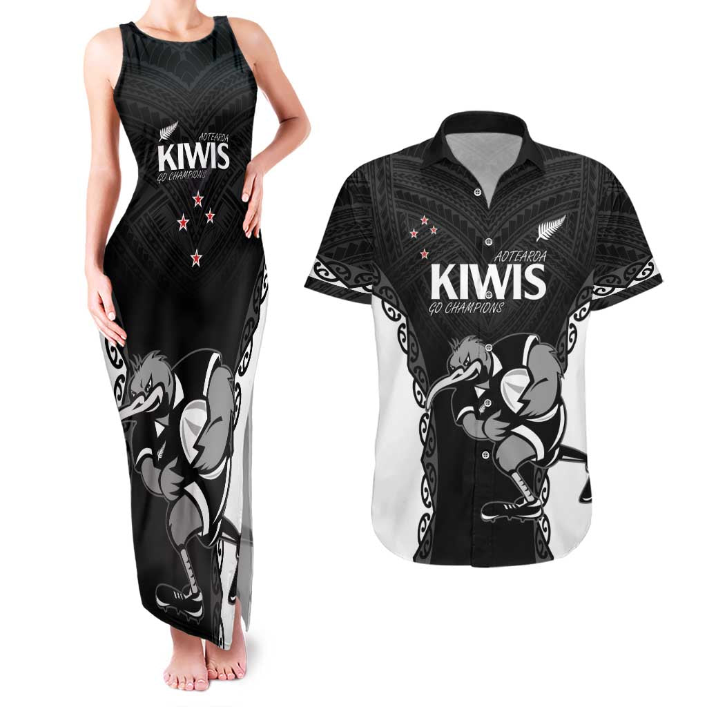Aotearoa Rugby Custom Couples Matching Tank Maxi Dress and Hawaiian Shirt Maori Kiwi - Mascot Style LT14 Black - Polynesian Pride