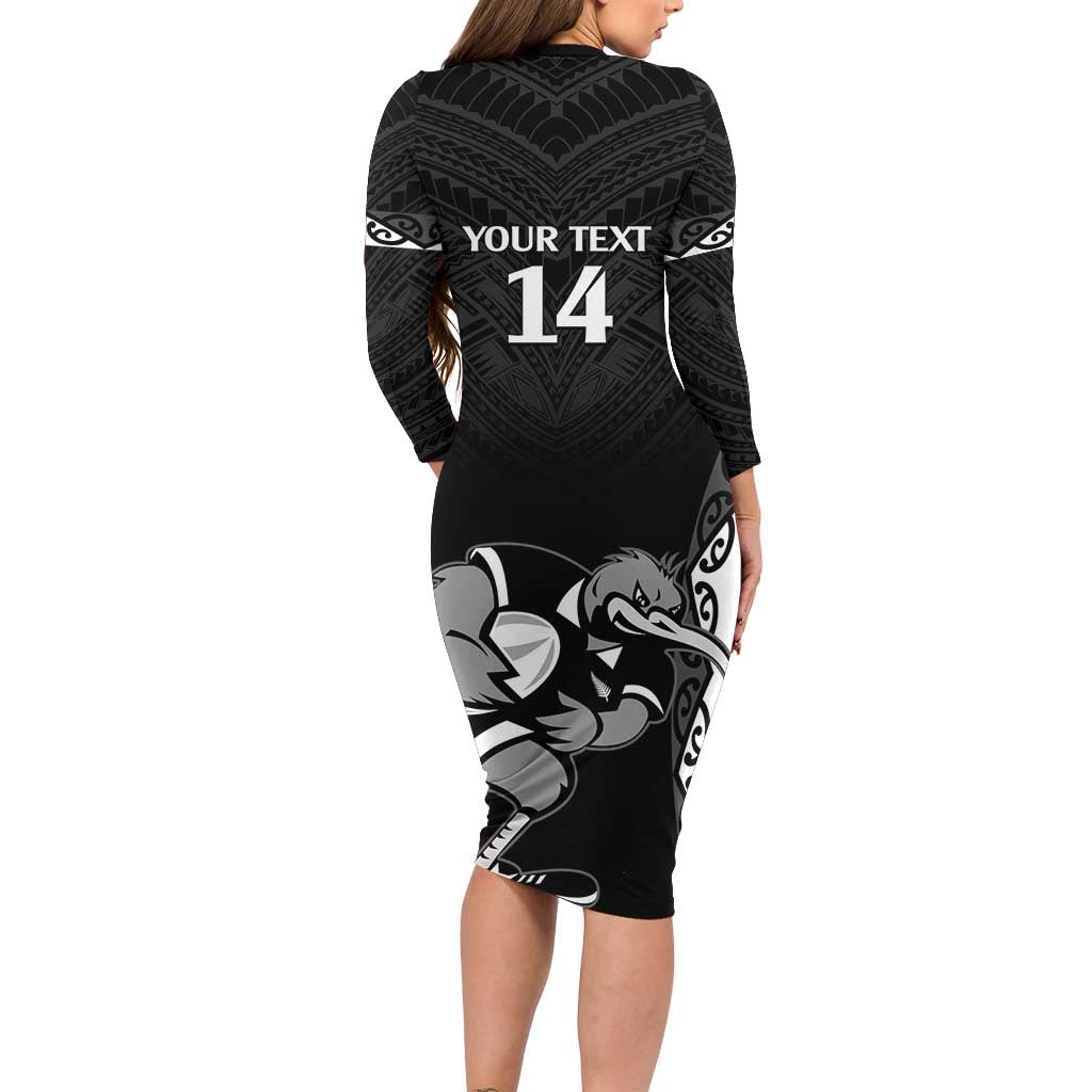 Aotearoa Rugby Custom Family Matching Long Sleeve Bodycon Dress and Hawaiian Shirt Maori Kiwi - Mascot Style LT14 - Polynesian Pride