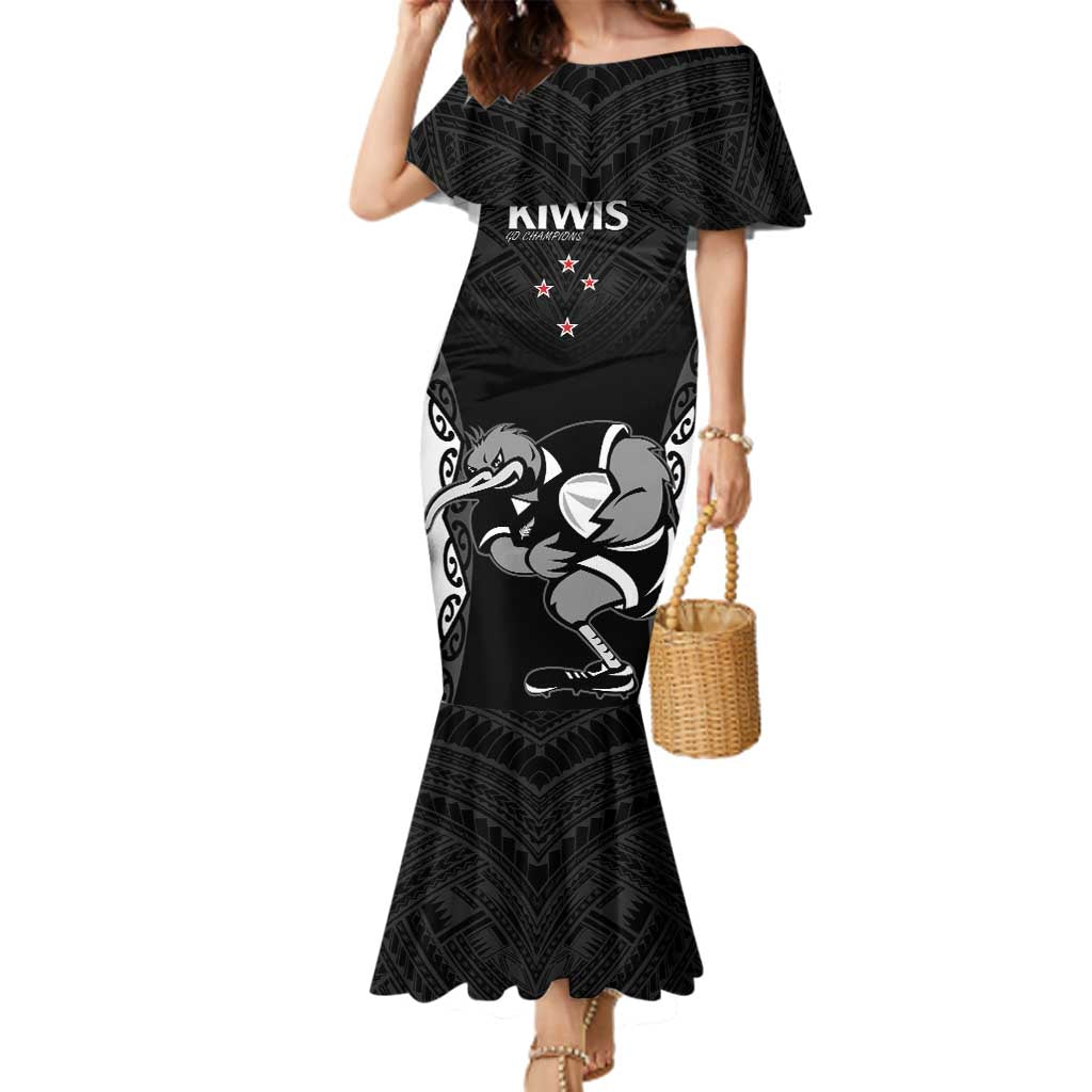 Aotearoa Rugby Custom Family Matching Mermaid Dress and Hawaiian Shirt Maori Kiwi - Mascot Style LT14 Mom's Dress Black - Polynesian Pride