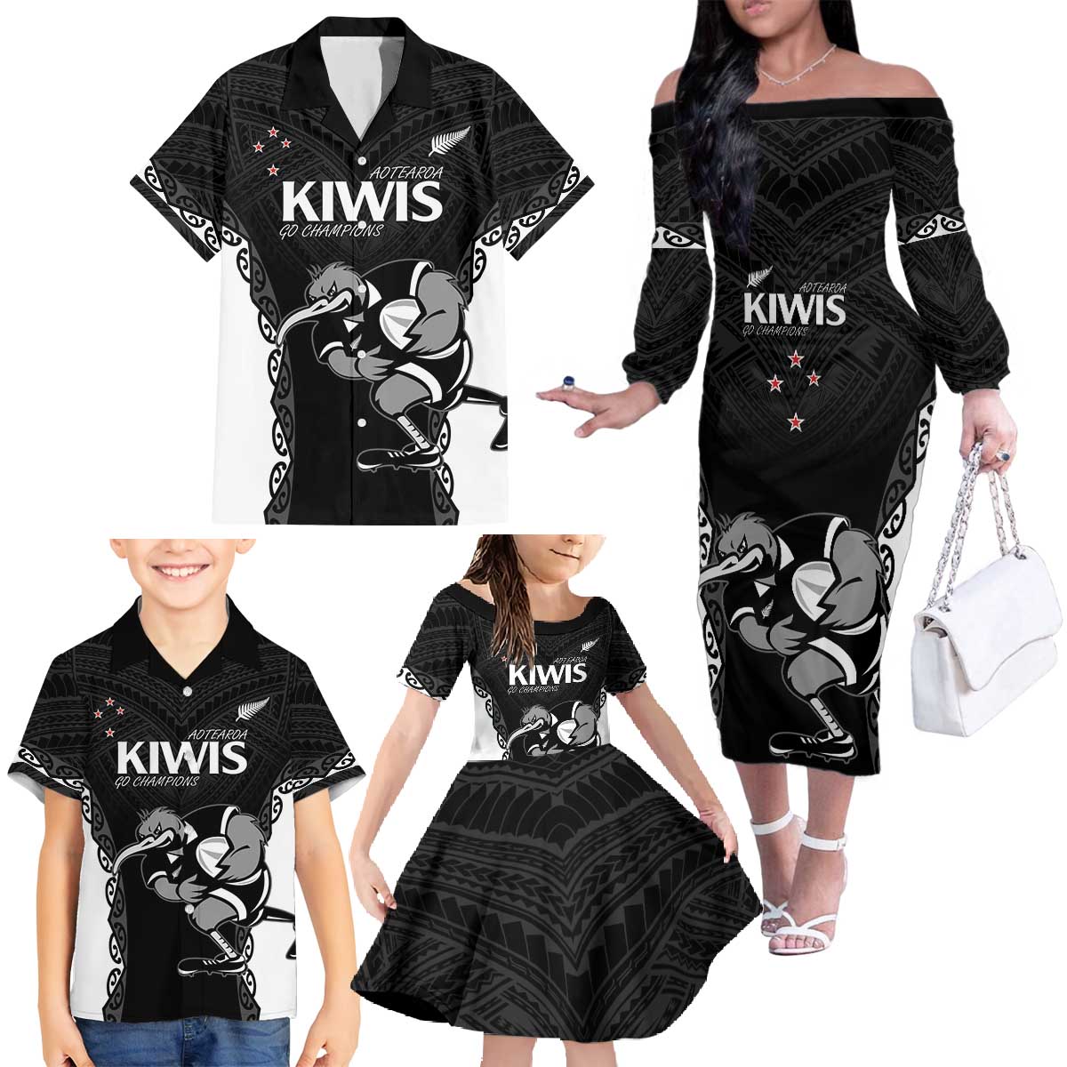 Aotearoa Rugby Custom Family Matching Off The Shoulder Long Sleeve Dress and Hawaiian Shirt Maori Kiwi - Mascot Style LT14 - Polynesian Pride