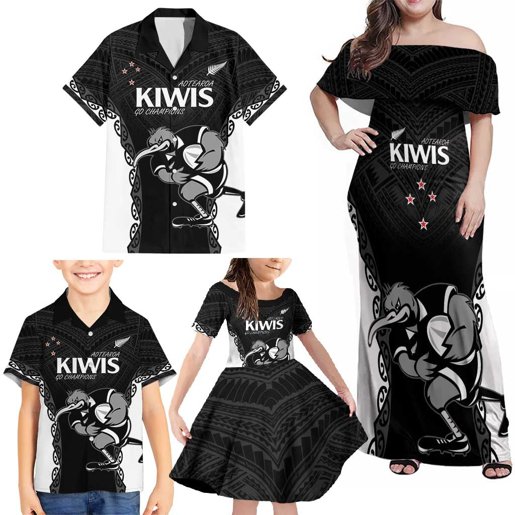 Aotearoa Rugby Custom Family Matching Off Shoulder Maxi Dress and Hawaiian Shirt Maori Kiwi - Mascot Style LT14 - Polynesian Pride