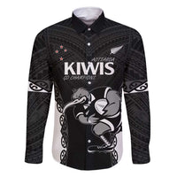 Aotearoa Rugby Custom Family Matching Off Shoulder Maxi Dress and Hawaiian Shirt Maori Kiwi - Mascot Style LT14 Dad's Shirt - Long Sleeve Black - Polynesian Pride