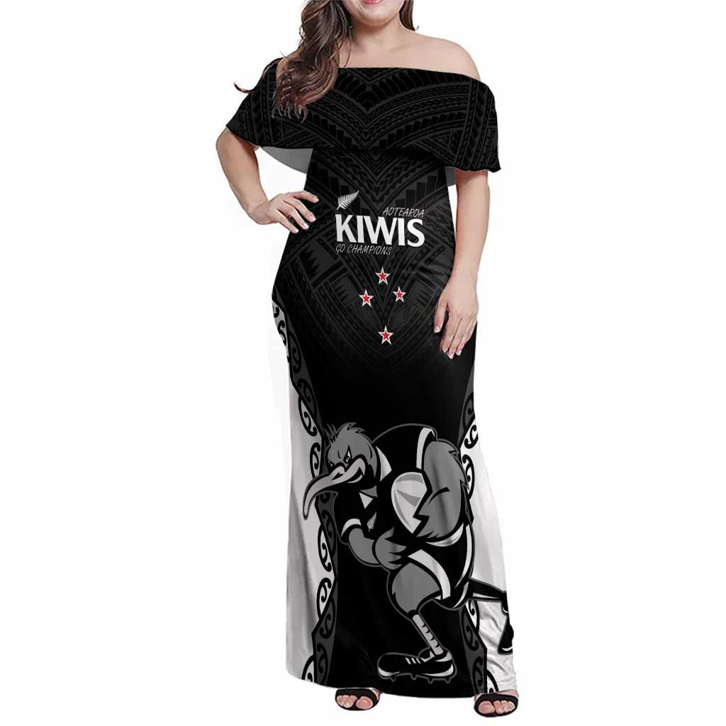 Aotearoa Rugby Custom Family Matching Off Shoulder Maxi Dress and Hawaiian Shirt Maori Kiwi - Mascot Style LT14 Mom's Dress Black - Polynesian Pride