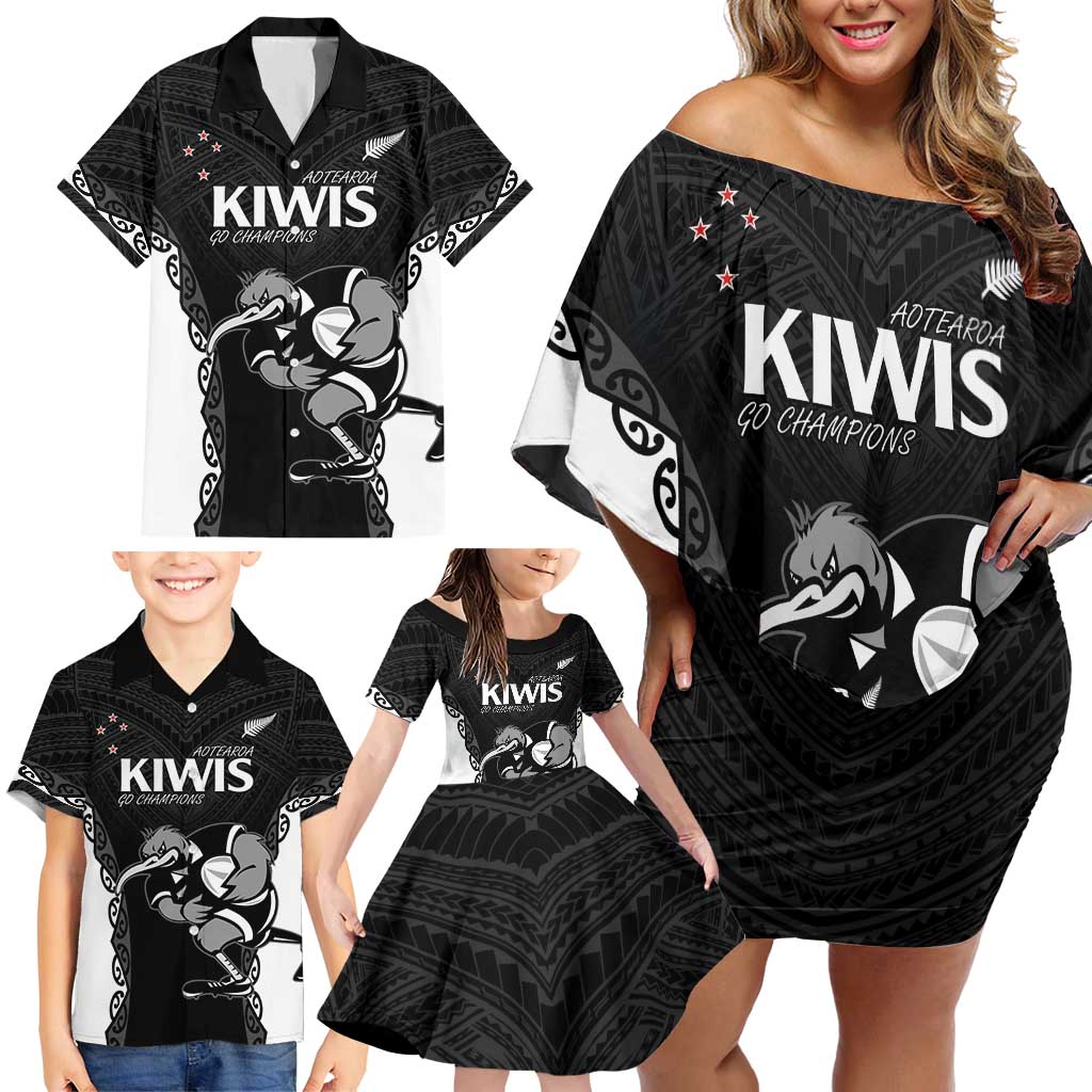 Aotearoa Rugby Custom Family Matching Off Shoulder Short Dress and Hawaiian Shirt Maori Kiwi - Mascot Style LT14 - Polynesian Pride