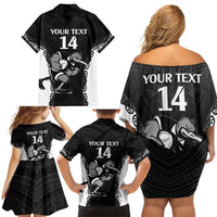 Aotearoa Rugby Custom Family Matching Off Shoulder Short Dress and Hawaiian Shirt Maori Kiwi - Mascot Style LT14 - Polynesian Pride