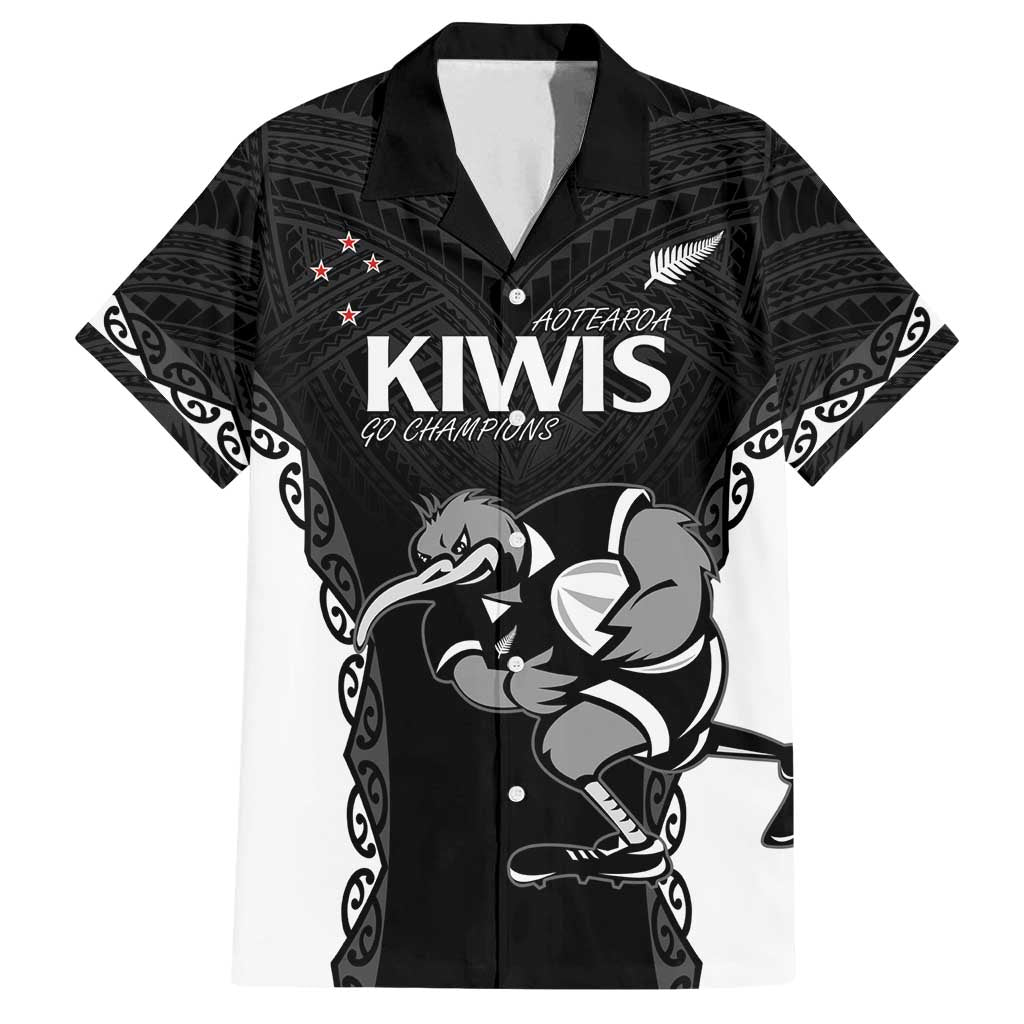 Aotearoa Rugby Custom Family Matching Off Shoulder Short Dress and Hawaiian Shirt Maori Kiwi - Mascot Style LT14 Dad's Shirt - Short Sleeve Black - Polynesian Pride