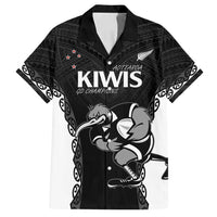 Aotearoa Rugby Custom Family Matching Off Shoulder Short Dress and Hawaiian Shirt Maori Kiwi - Mascot Style LT14 Dad's Shirt - Short Sleeve Black - Polynesian Pride
