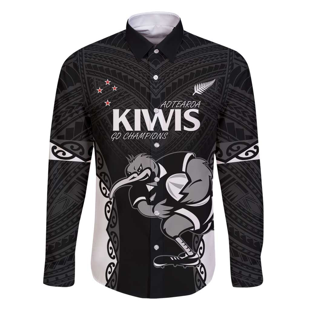 Aotearoa Rugby Custom Family Matching Off Shoulder Short Dress and Hawaiian Shirt Maori Kiwi - Mascot Style LT14 Dad's Shirt - Long Sleeve Black - Polynesian Pride