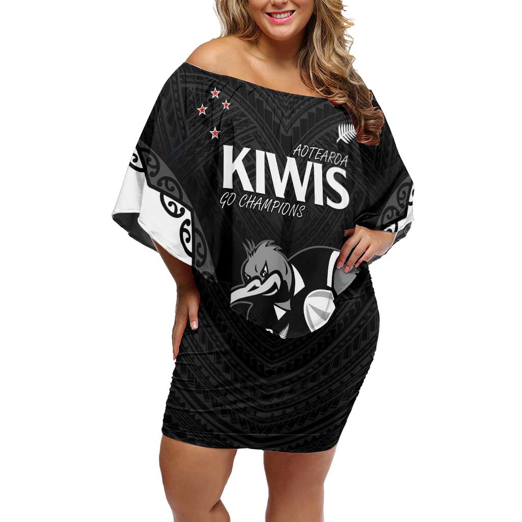 Aotearoa Rugby Custom Family Matching Off Shoulder Short Dress and Hawaiian Shirt Maori Kiwi - Mascot Style LT14 Mom's Dress Black - Polynesian Pride