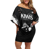 Aotearoa Rugby Custom Family Matching Off Shoulder Short Dress and Hawaiian Shirt Maori Kiwi - Mascot Style LT14 Mom's Dress Black - Polynesian Pride