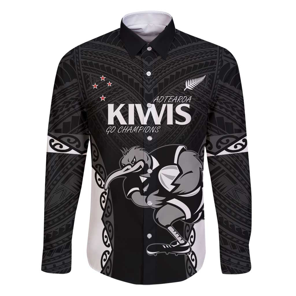 Aotearoa Rugby Custom Family Matching Puletasi and Hawaiian Shirt Maori Kiwi - Mascot Style LT14 Dad's Shirt - Long Sleeve Black - Polynesian Pride