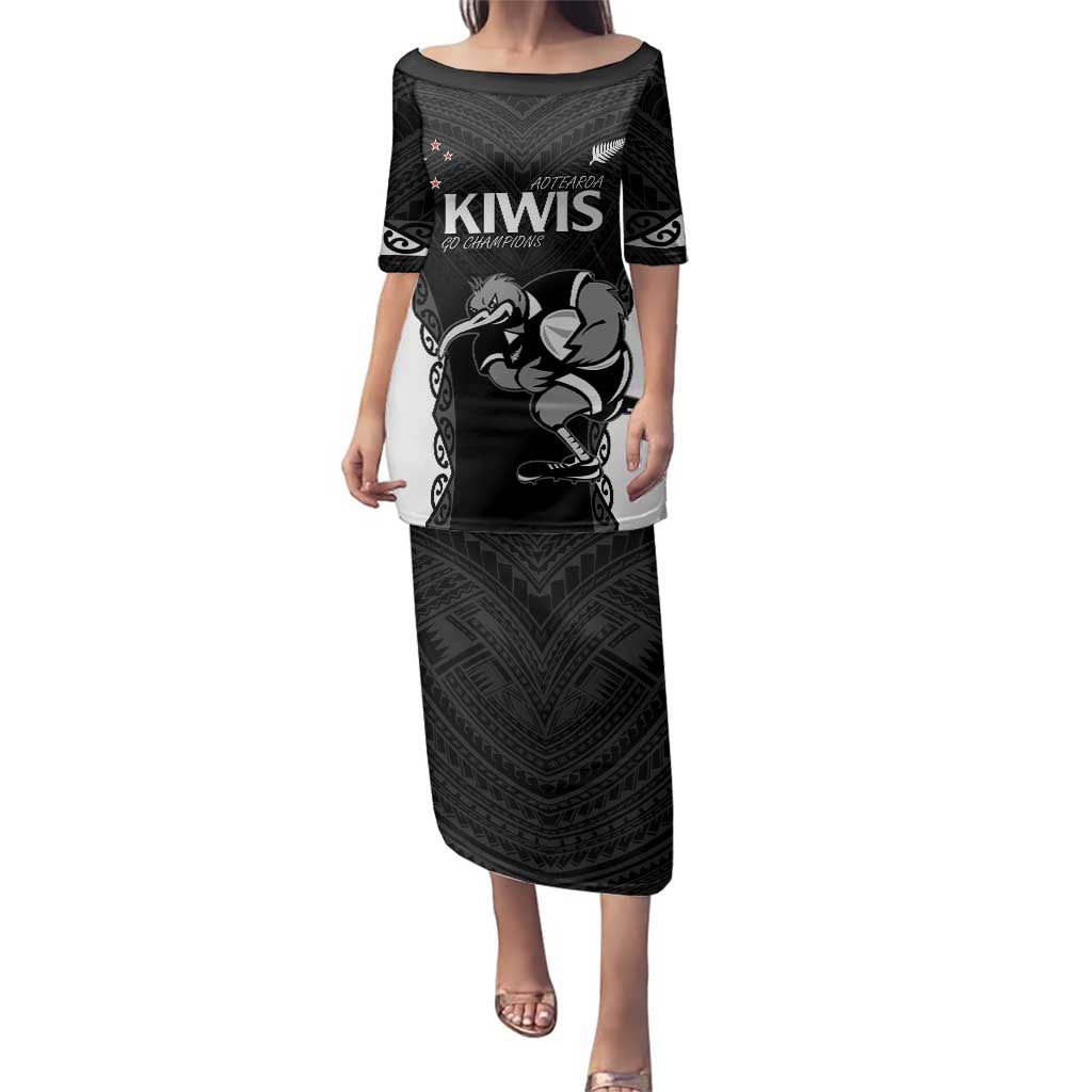 Aotearoa Rugby Custom Family Matching Puletasi and Hawaiian Shirt Maori Kiwi - Mascot Style LT14 Mom's Dress Black - Polynesian Pride