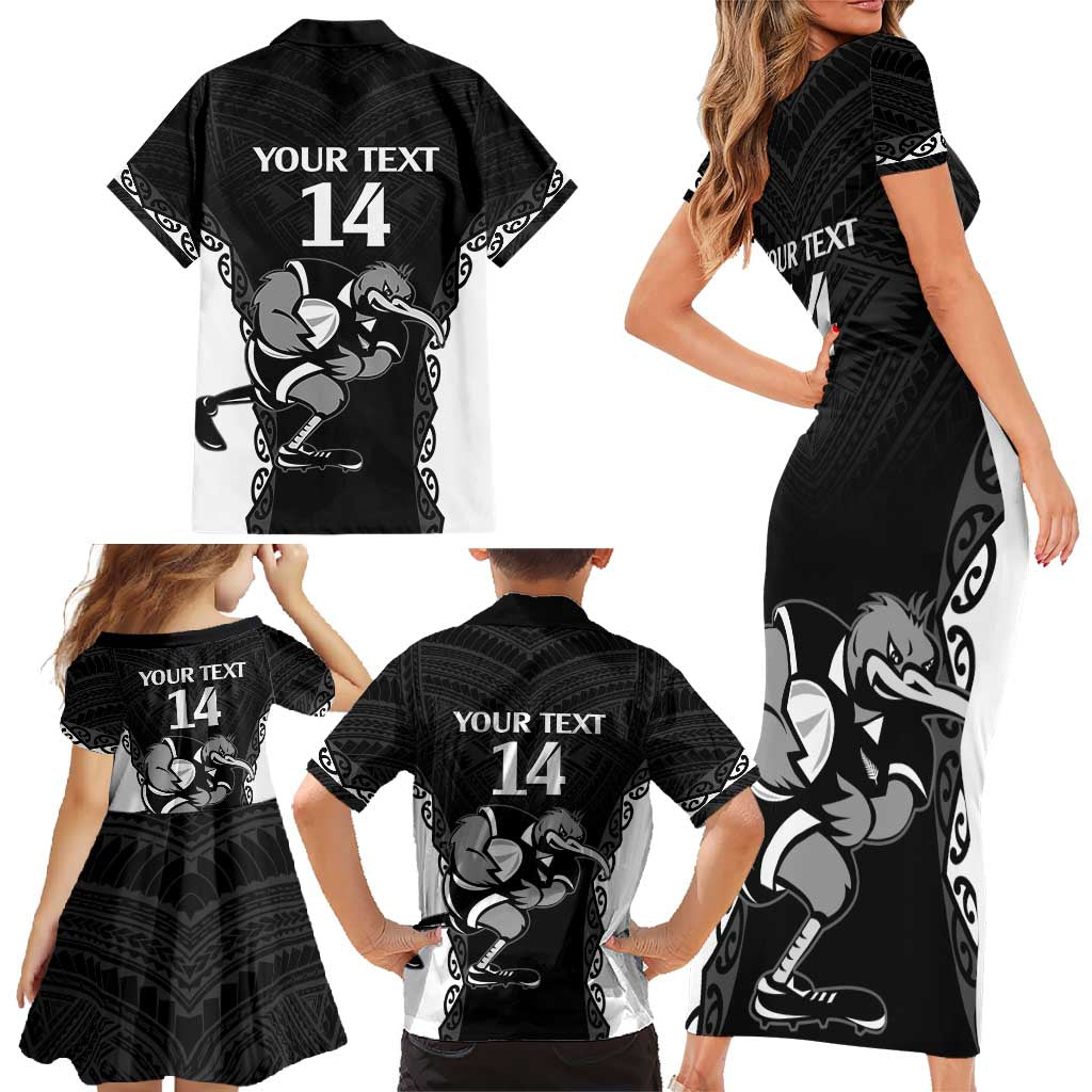 Aotearoa Rugby Custom Family Matching Short Sleeve Bodycon Dress and Hawaiian Shirt Maori Kiwi - Mascot Style LT14 - Polynesian Pride