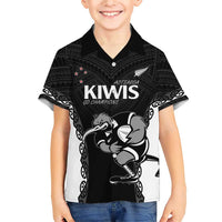 Aotearoa Rugby Custom Family Matching Short Sleeve Bodycon Dress and Hawaiian Shirt Maori Kiwi - Mascot Style LT14 Son's Shirt Black - Polynesian Pride