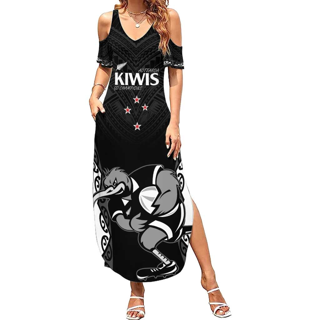 Aotearoa Rugby Custom Family Matching Summer Maxi Dress and Hawaiian Shirt Maori Kiwi - Mascot Style LT14 Mom's Dress Black - Polynesian Pride