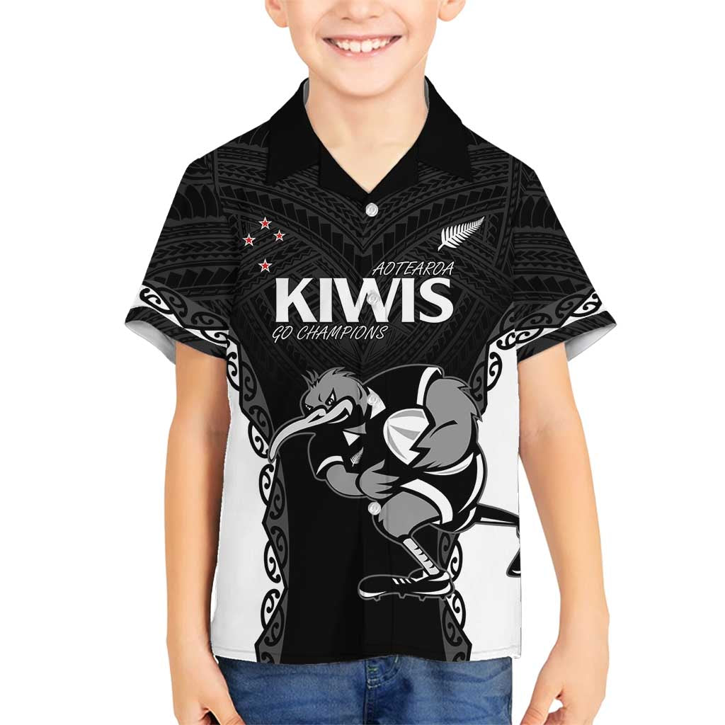 Aotearoa Rugby Custom Family Matching Summer Maxi Dress and Hawaiian Shirt Maori Kiwi - Mascot Style LT14 Son's Shirt Black - Polynesian Pride