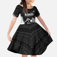 Aotearoa Rugby Custom Family Matching Tank Maxi Dress and Hawaiian Shirt Maori Kiwi - Mascot Style LT14 Daughter's Dress Black - Polynesian Pride